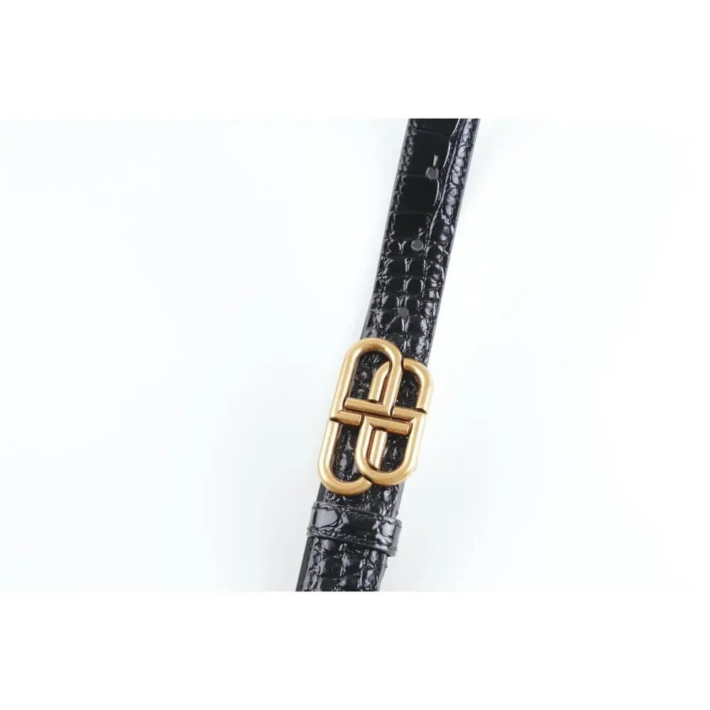 Balenciaga Black Croc Embossed Leather BB Logo Belt Antique Gold Hardware 80